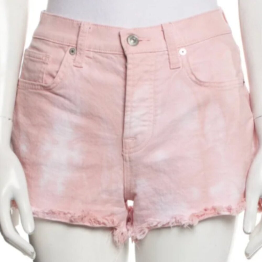 7 For All Mankind Monroe Pink Tie- DyeHigh Rise Jean Cut Off Shorts Size 26 - Picture 8 of 9